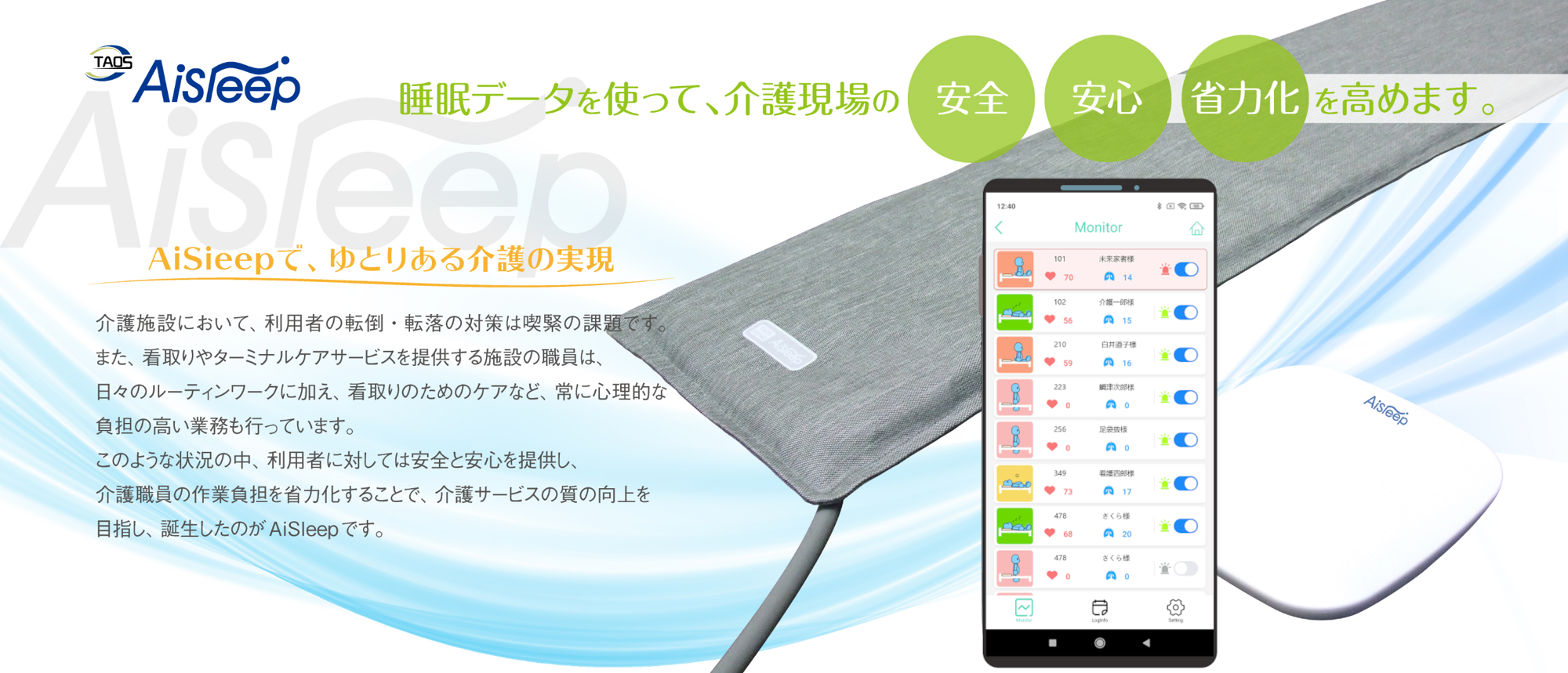 睡眠データを使って、介護現場の安心、安全、省力化を高めます。