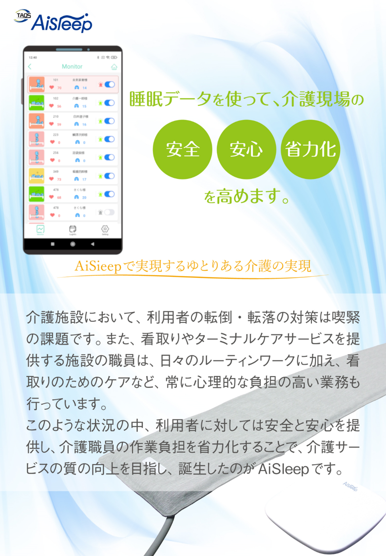 睡眠データを使って、介護現場の安心、安全、省力化を高めます。